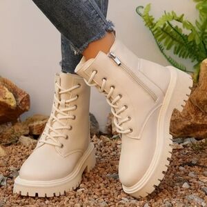 Women Beige lace up fur inside combat flat booties